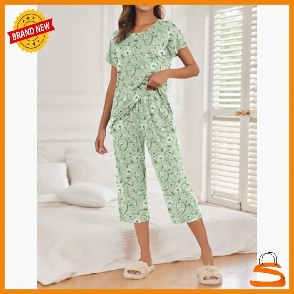 Medium Polyester Pajama Set 2-Pack Capri Pants Short Sleeve Sleepwear